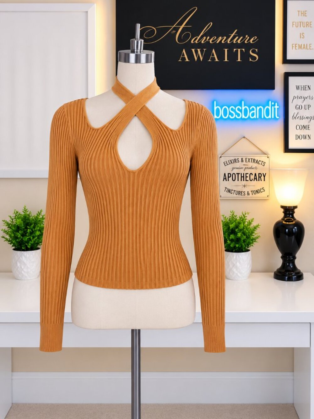 MINKPINK Gianna Ribbed Knit Cutout Top Pecan Long Sleeve M NWT - Picture 4 of 8